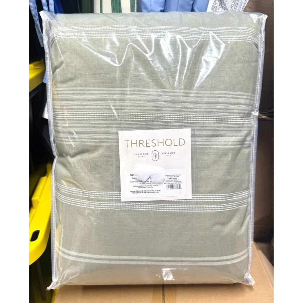 Threshold Cotton Woven Stripe Comforter Set Twin/TXL Moss Green White OEKO-TEX